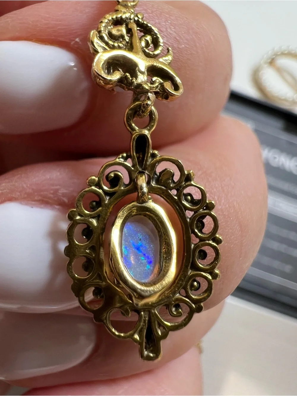 Antique 14K yellow gold with opals pendant necklace - Picture 6 of 15
